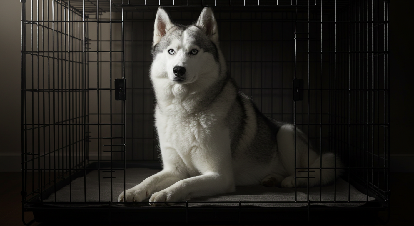 dog sitting calmly in a crate with the door open, looking relaxed and happy.
