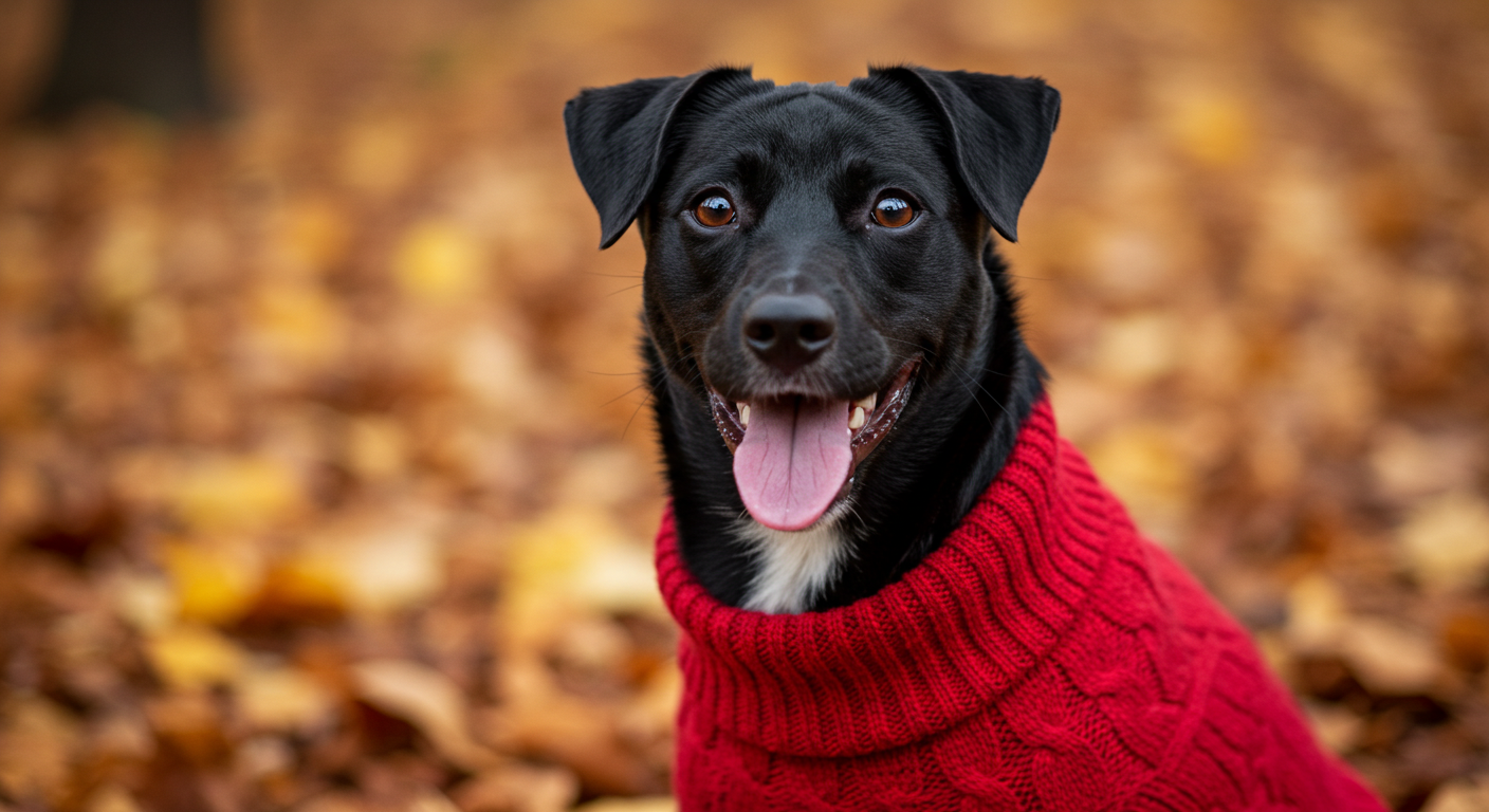 A happy dog wearing a cozy red sweater in autumn leaves, symbolizing seasonal dog care and safety tips.