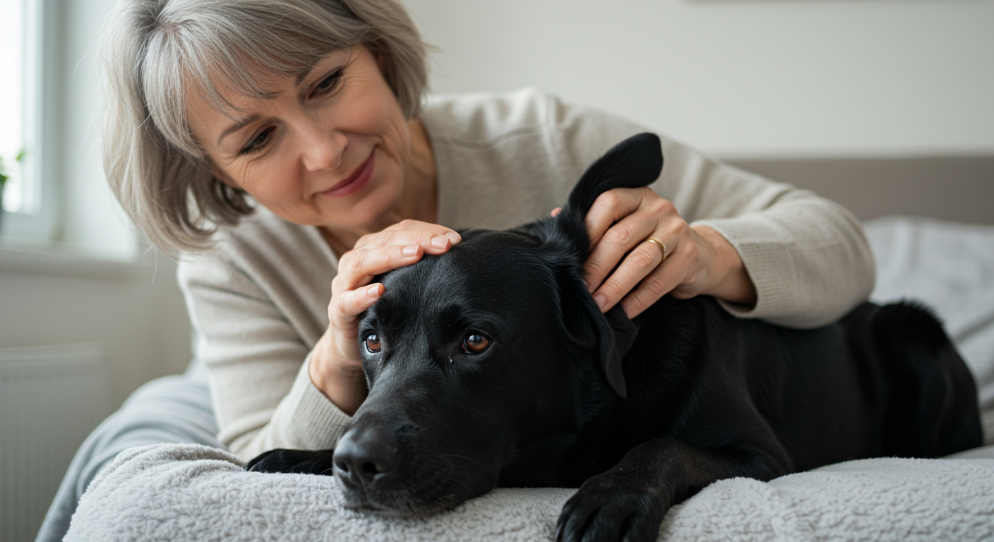 A concerned dog owner gently checking their sick Labrador’s ears and eyes for signs of illness.