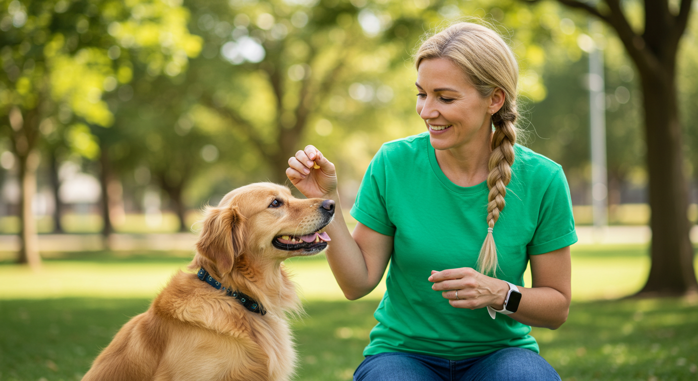 Alt text: A gentle dog trainer kneeling beside a shy golden retriever, offering treats to build trust and reduce fear.